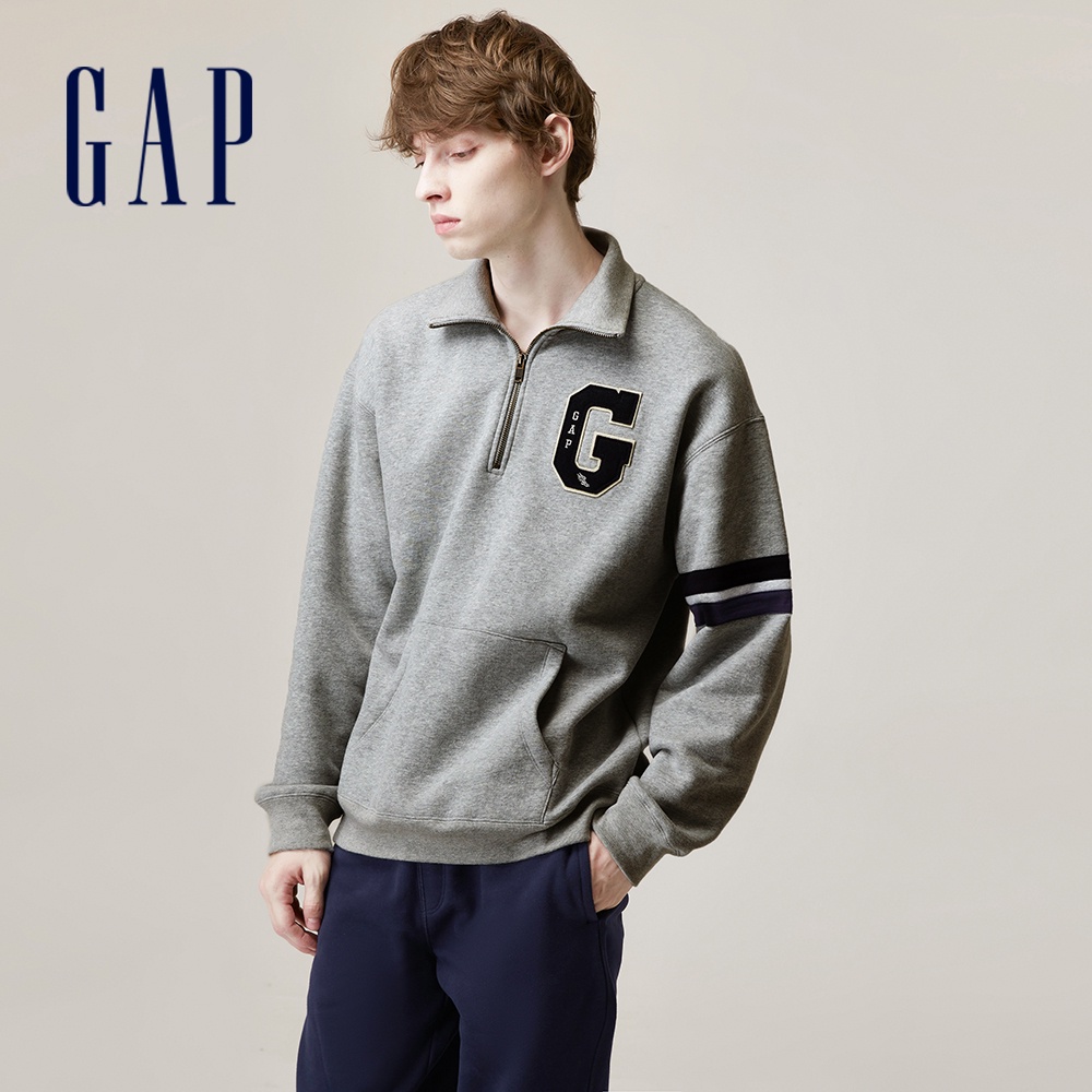Gap 男女同款 Logo翻領大學T 碳素軟磨系列-灰色(762360)