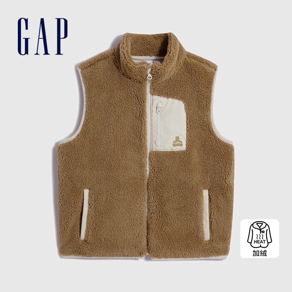 Gap 男童裝 Logo小熊印花立領背心外套 抱抱絨系列-棕色(786487)