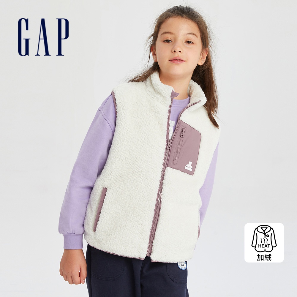 Gap 女童裝 Logo小熊印花立領背心外套 抱抱絨系列-白色(789378)