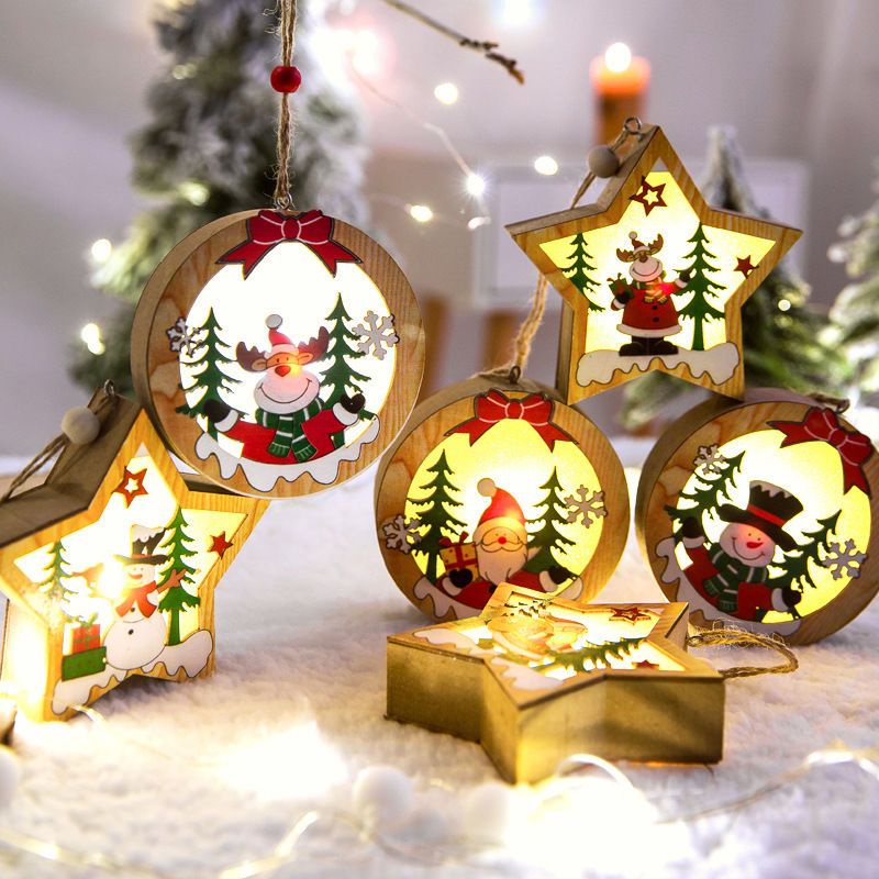 圣誕樹裝飾品LED發光圣誕樹掛件木質彩色圣誕老人擺件圣誕節裝飾