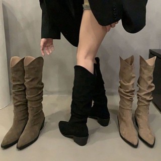💕洋洋洋鞋店💕長筒靴 高筒靴 女靴 法式複古棕色顯瘦堆堆靴西部牛仔靴高筒靴女靴子小個子卡其色長靴 靴子 中筒靴 尖頭靴子