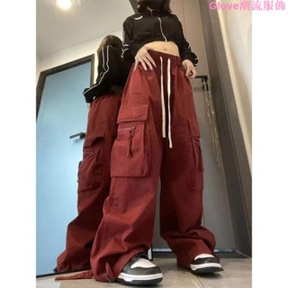 大尺碼~美式辣妹褲子女超酷潮流炸街寬松高腰顯瘦百搭紅色工裝褲女長褲抽繩工裝褲顯瘦 運動休閒褲 美式工裝褲女 寬鬆