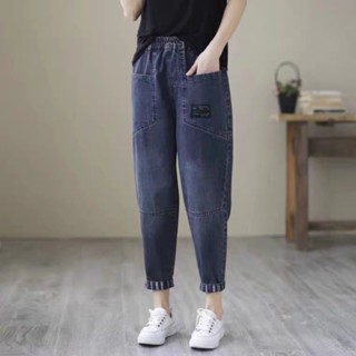 牛仔褲女 秋季款哈倫褲寬松大碼古松緊腰黑色休閑女裝長褲 直筒褲 大尺碼長褲 休閒褲 長褲女 日系穿搭