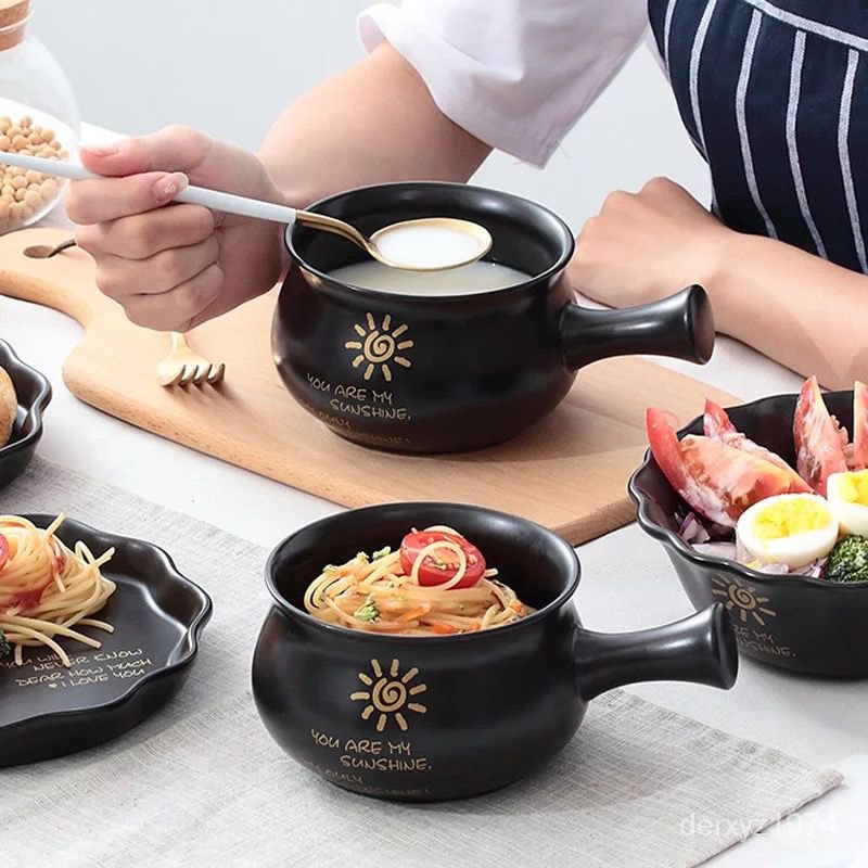 波點單手柄韓式泡麵碗時尚創意餐具陶瓷帶把早餐碗防燙