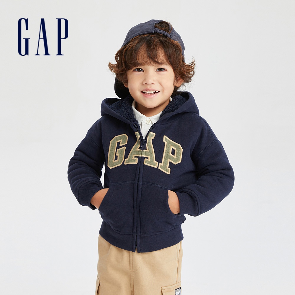 Gap 幼童裝 Logo仿羊羔絨連帽外套-深藍色(785571)