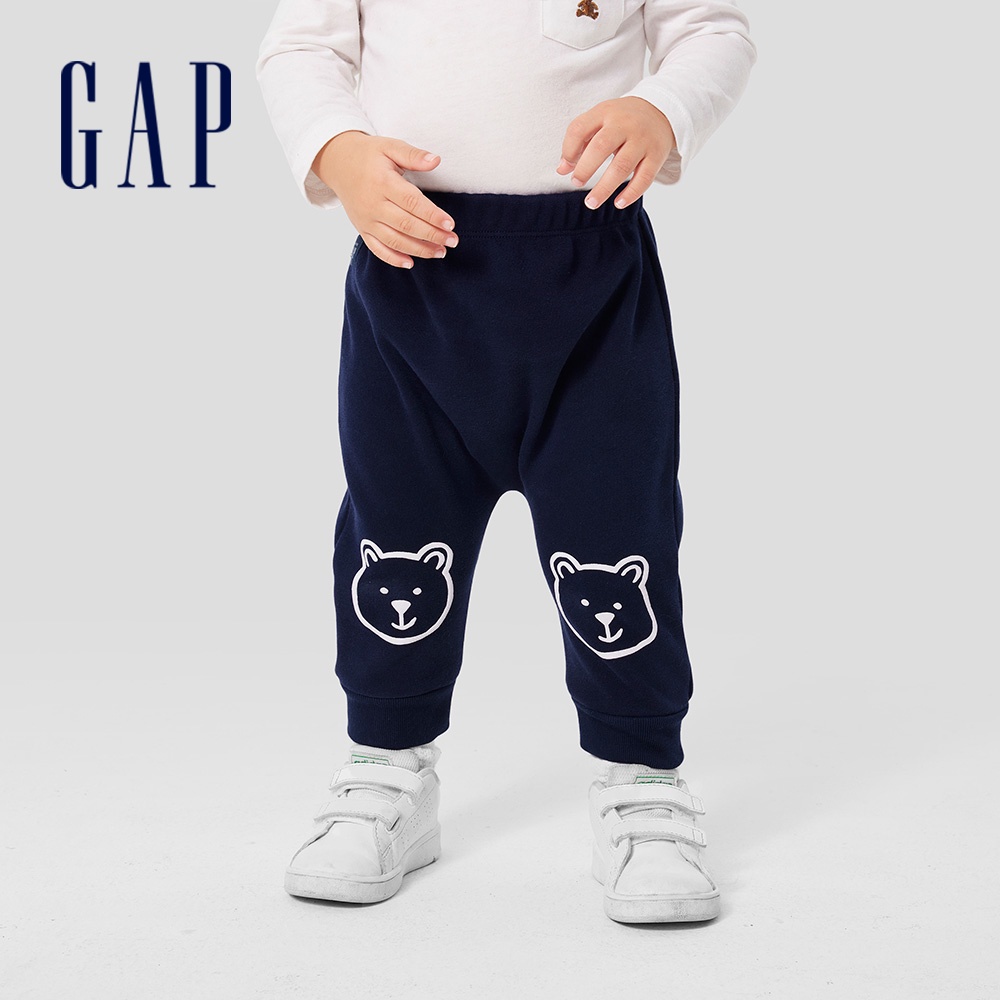 Gap 嬰兒裝 Logo小熊印花針織束口鬆緊棉褲-海軍藍(788570)