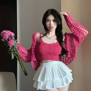 辣妹套裝🎀兩件套/單件夏季新款舔辣針織吊帶背心套裝鏤空罩衫開衫長袖上衣