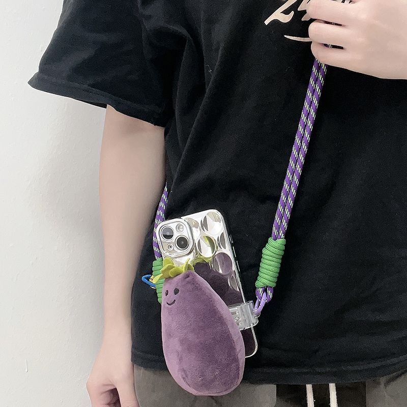 💦創意小眾紫色茄子公仔背夾斜跨手機鏈背帶式通用手機殼編織加長繩