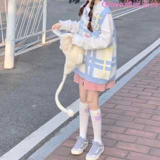 jk制服馬甲背心學院風可愛小熊軟糖寬松糖果色V領針織衫毛衣女 秋裝 打底衫 外套女 長袖 上衣女 百搭 寬鬆 時尚