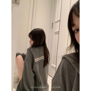 【ccuu精選外套】嗲酷學院派編織海軍領衛衣外套長袖休閒開衫灰色上衣秋裝韓係外穿
