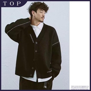 【TOP】 日系復古慵懶風針織開衫外套男寬松黑色毛線衣秋裝