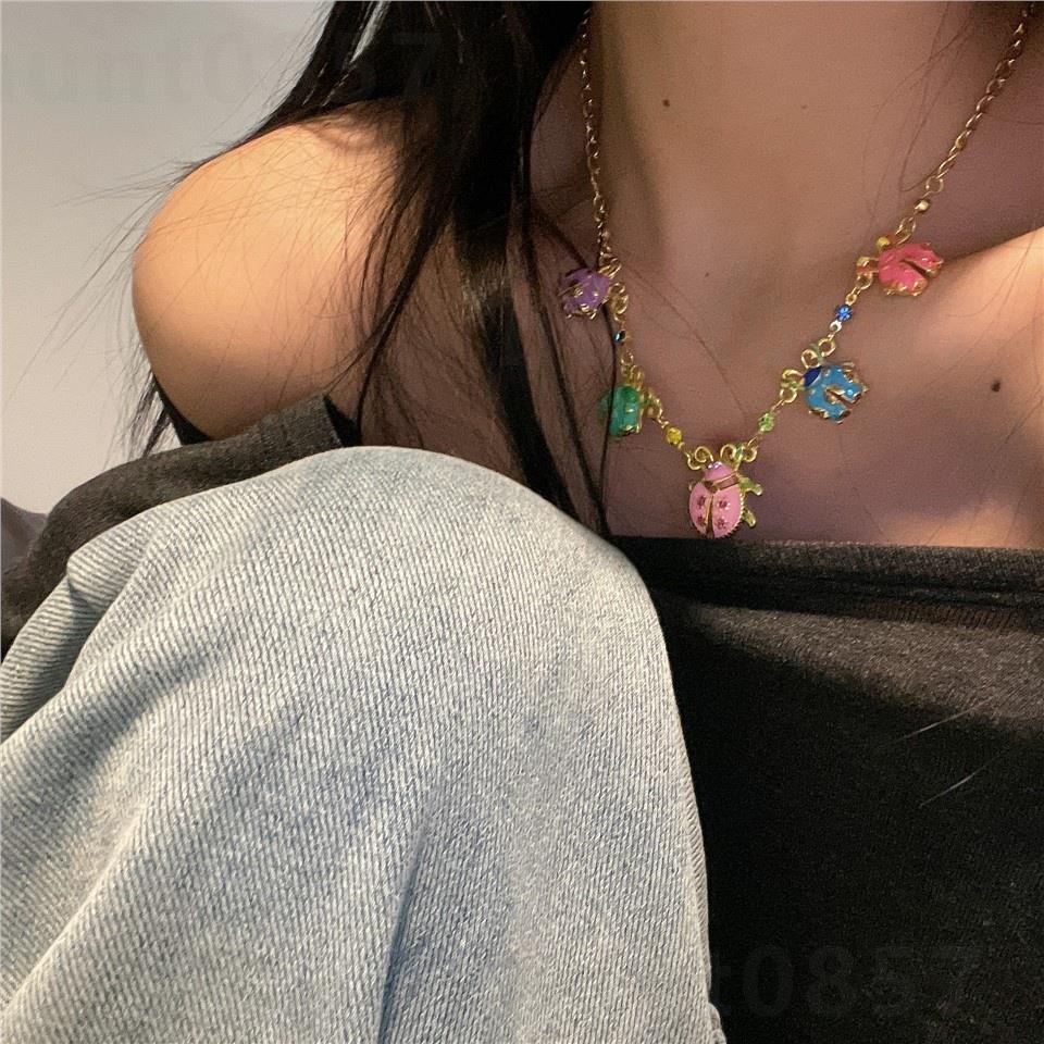 中古Vintage炫彩可愛瓢蟲手繪琺琅項鍊女小眾設計高級感項鍊配 個性造型脖頸鍊 高級感鎖骨鏈 鏈子 韓版潮流時尚女生飾