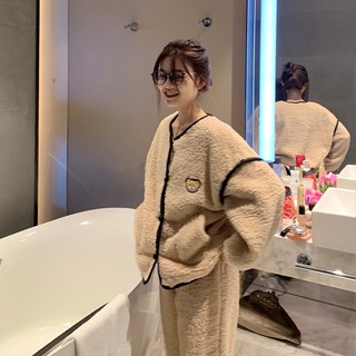 Xuan♥珊瑚絨可愛刺繡熊熊可外穿秋冬季女睡衣加厚少女學生家居服兩件套