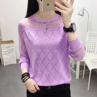 靚麗媽媽服裝F 冰絲圓領蕾絲打底衫寬松長袖針織衫毛衣女鏤空春秋新款百搭上衣潮