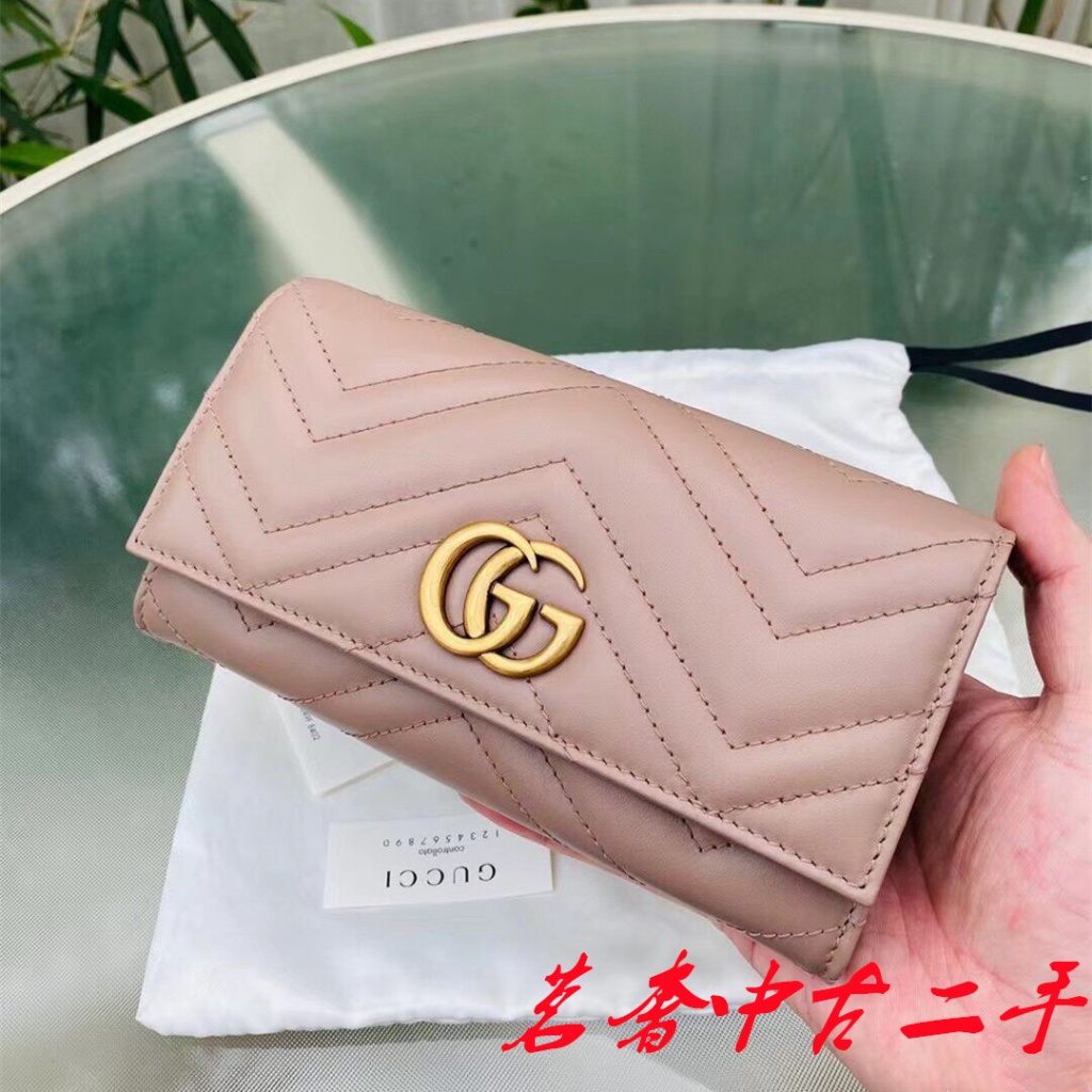 GUCCI 古馳 GG Marmont 粉色 金標logo 女生 長夾 手拿包 錢包 卡夾 443436