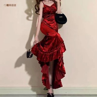 ❤雅韓❤宮廷風聖誕節衣服大人聖誕裝女 顯瘦紅色洋裝魚尾裙 過年聖誕套裝服裝紅色晚禮服吊帶連衣裙 茶系洋裝 法式純欲風長裙