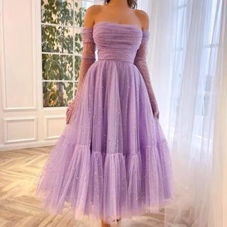 ❤️現貨在台，紫羅蘭L(S- 2XL) 中大尺碼 大碼 平口 一字領 長裙 禮服 亮片 洋裝 網紗 性感 表演 紫 平口
