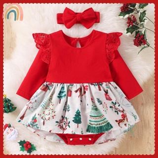 高品質母嬰寶寶聖誕洋裝 + 髮帶 長袖包屁裙 嬰兒長袖連身衣 蕾絲花邊 卡通印花 嬰兒聖誕裝 女寶洋裝 耶誕裙子 紅色包