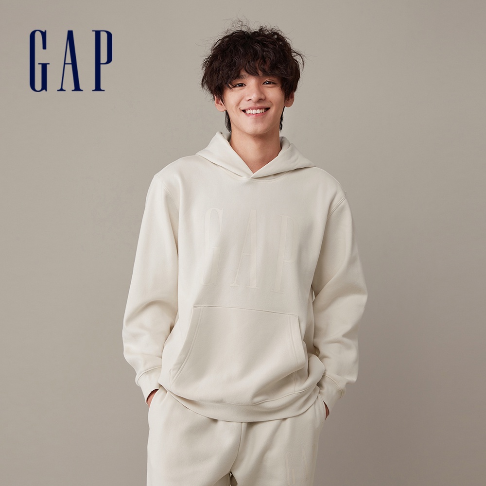 Gap 男女同款 Logo刷毛帽T 碳素軟磨系列-米白色(841332)