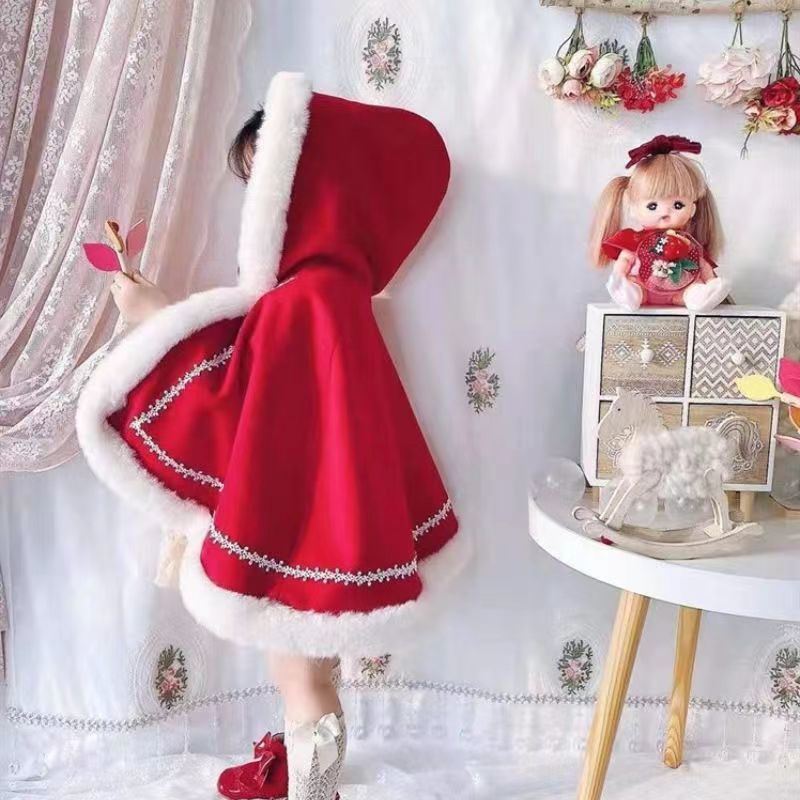 【新款上市】2023洋氣秋冬新款女童韓版紅色外套毛領女寶寶圣誕服斗篷披風加厚
