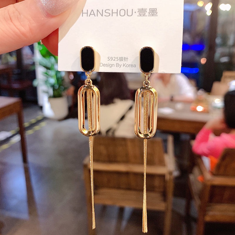韓國氣質長款幾何流蘇耳環時尚百搭顯臉小高級感簡約銀針耳飾耳釘 小飾品✿barbie0823