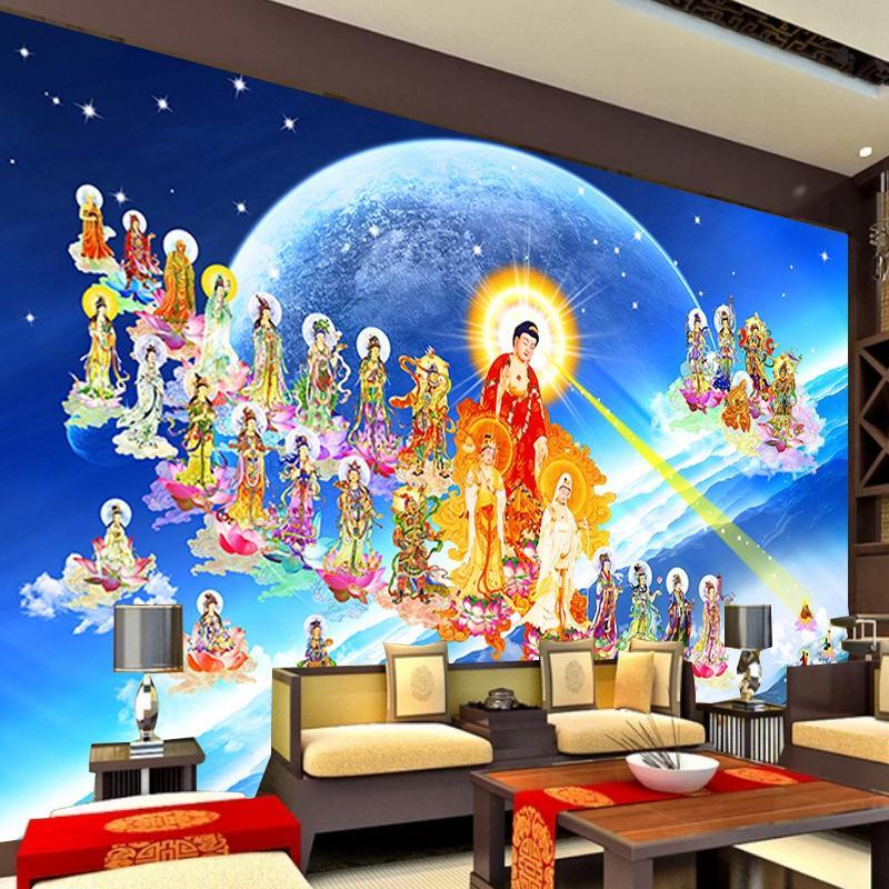 佛像西方三聖接引圖接引圖壁畵極樂世界背景墻阿彌陀佛接引圖壁紙