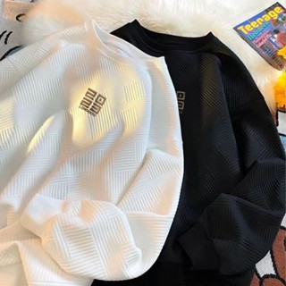 痞帥圓領大學T男|大尺碼110公斤男衛衣|春秋印花上衣|美式浮紋打底衫|寬鬆長袖大學T|複古打底衫|高階感長袖衛衣男
