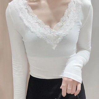 SY法式上衣V領上衣蕾絲長袖打底衫加絨上衣女秋冬季新款洋氣性感內搭時尚黑白T恤修身上衣