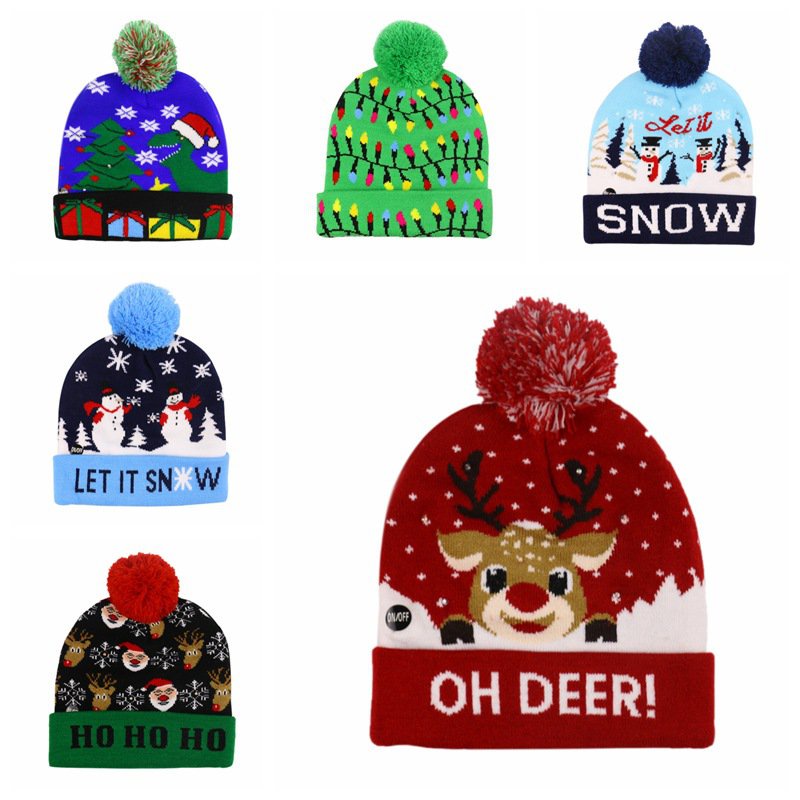 精美優選-2023聖誕新品雪人麋鹿聖誕樹翻邊帶球針織帽帶LED七彩炫燈裝飾帽