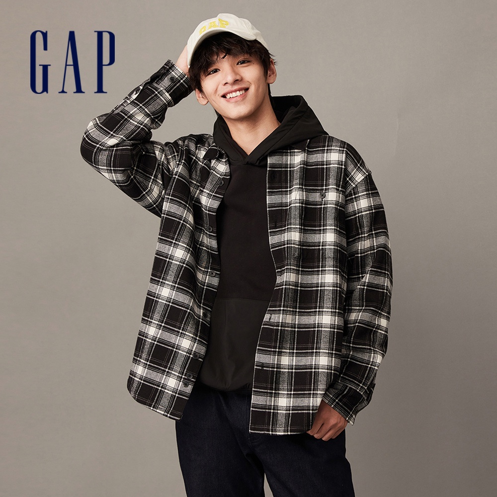 Gap 男女同款 刷毛翻領長袖襯衫-黑白格紋(840772)