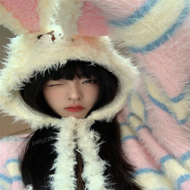 【百思绒】冬季可爱毛绒兔子套头帽日系甜美加厚保暖兔耳朵护耳卡通雷锋帽女
