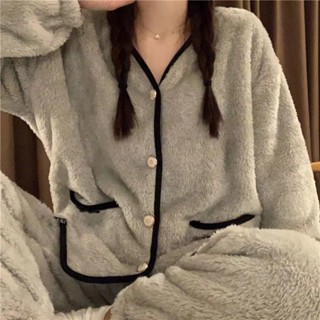 SWEETKRの珊瑚絨法式慵懶風睡衣女秋冬季加絨加厚開衫綠色法蘭絨寬松家居服