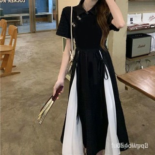 臺灣出貨 新中式改良旂袍 旂袍連衣裙 夏季 大尺碼旂袍 溫柔國風茶歇設計感 赫本小黑裙女 黑色旂袍 旂袍洋裝改良