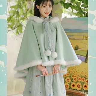 出貨免運 大尺碼女裝 改良漢服 漢元素連帽披風 冬季新款胖mm刷毛加厚斗篷 外套 旗袍披肩 旗袍外套 漢服披肩