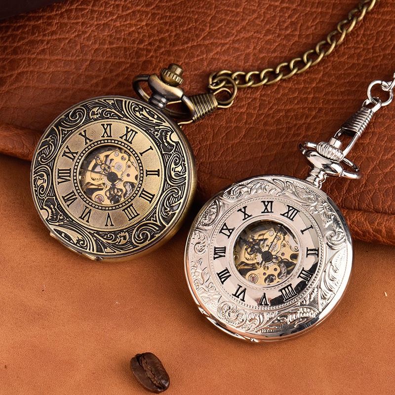 【復古懷錶】懷錶機械鏤空羅馬刻度懷錶翻蓋古銅色懷錶銀色雙開羅馬數字機械錶