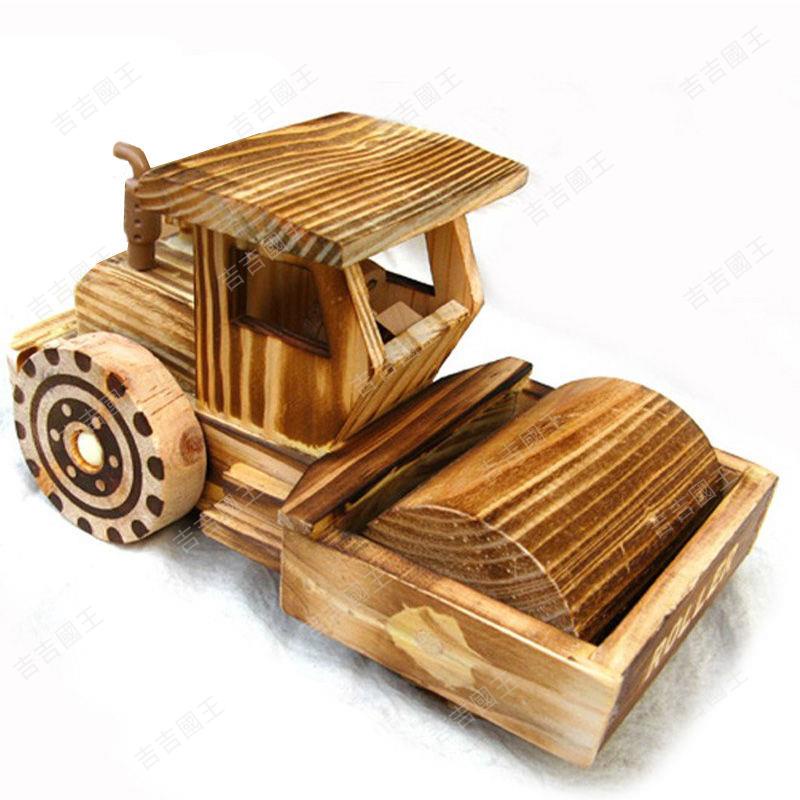 工廠價##熱銷木頭木制軋道壓道機車模 兒童玩具車木質工程車木質壓路機模型