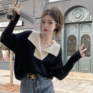 韓系 熱銷🎀韓版撞色翻領針織毛衣秋冬慵懶風顯瘦洋氣外穿長袖上衣