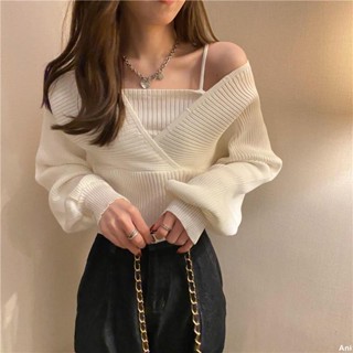 韓系 熱銷🎀韓版設計感小眾短款毛衣溫柔風假兩件針織衫上衣