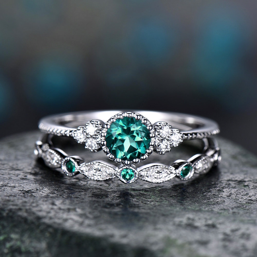 戒指 時尚搭女士戒指 兩件套微鑲綠寶石戒指飾品