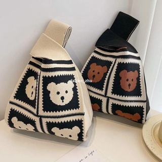【多巴胺女孩】新款韓系熊貓針織手提包女ins爆款編織手拎托特包馬甲包