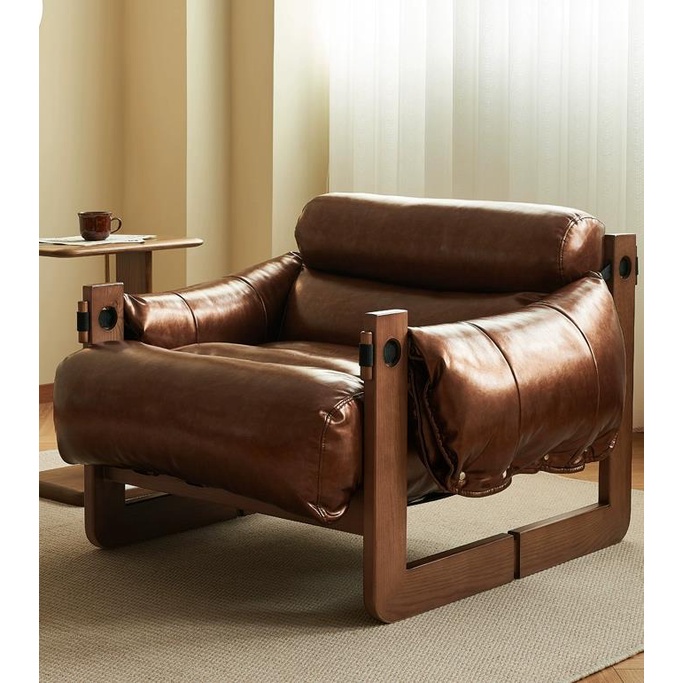 朝暮間 北歐復古單人實木沙發椅客廳設計師款休閑真皮躺椅簡約現代小戶型