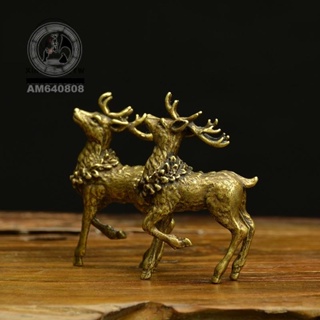 🙏臺發熱銷🙏袖珍銅鹿小擺件實心黃銅小鹿手把件銅對鹿古玩銅器仿古銅微雕老銅