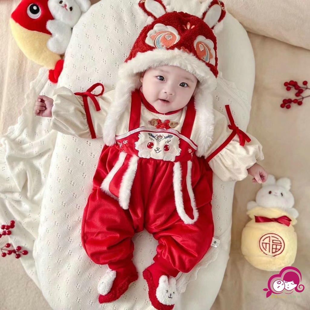 嬰兒週歲服 滿月服 新年服 嬰兒服 嬰兒新年裝拜年服紅色冬加絨周歲禮服 寶寶過年衣服喜慶冬裝連體衣