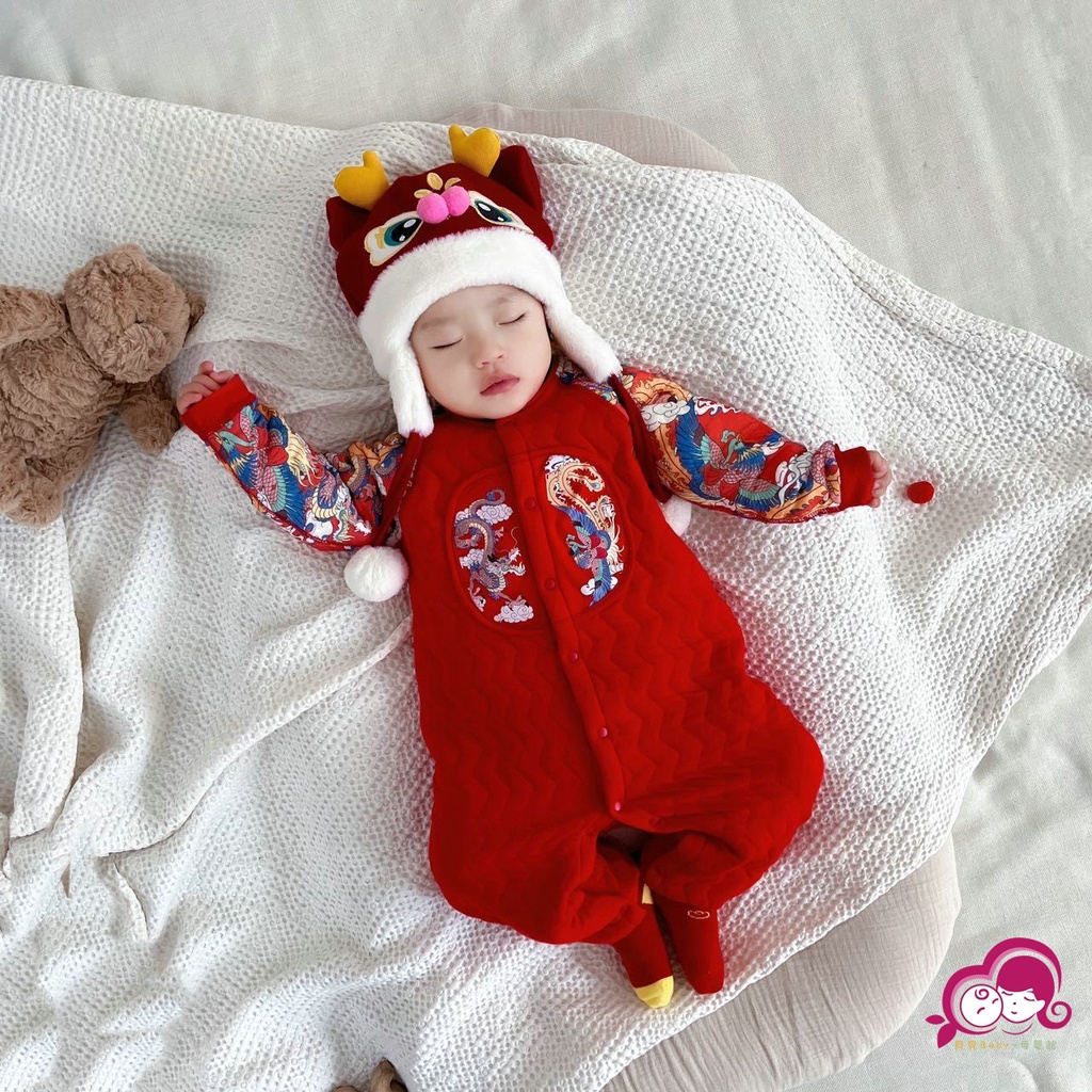 嬰兒週歲服 滿月服 新年服 嬰兒服 嬰兒拜年服秋冬夾棉保暖連體衣 新生兒中國風衣服男女寶寶紅過年服