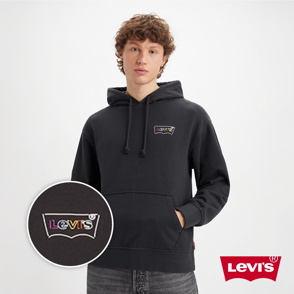 Levis 寬鬆版重磅口袋帽T 高密度立體膠印Logo 400GSM厚棉 魚子黑 男 38479-0254 熱賣單品