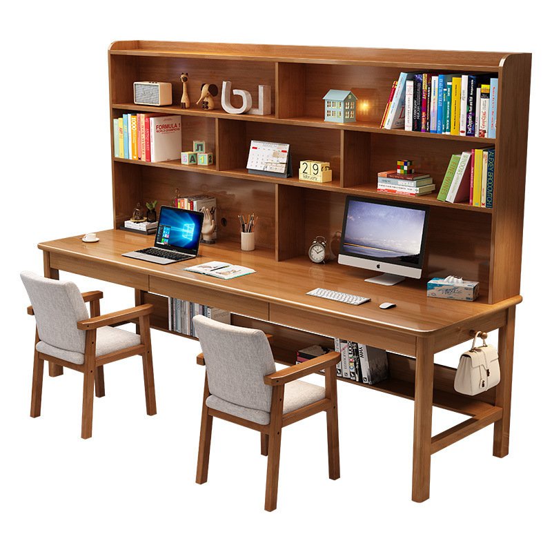 【新品 高品質】實木雙三人書桌 書架一體寫字桌 學生簡約傢用電腦桌 學習桌子帶書櫃