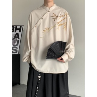 中國風新中式立領圓扣長袖襯衫男秋季竹葉斜門襟中山唐裝漢服上衣 NO9F