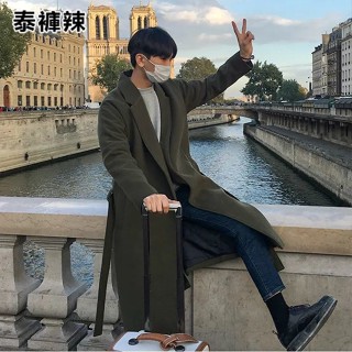 泰褲辣 秋冬季中長款風衣男英倫風韓版加厚呢子寬鬆外套男士黑色毛呢大衣 CQEE