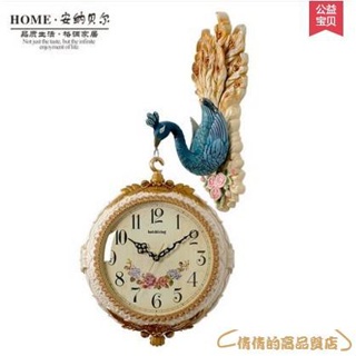 -歐式孔雀雙面掛鐘客廳鐘錶創意個性現代藝術裝飾時鐘靜​​音壁掛錶大 歐美風格 孔雀造型藝術 靜音機芯 雙面