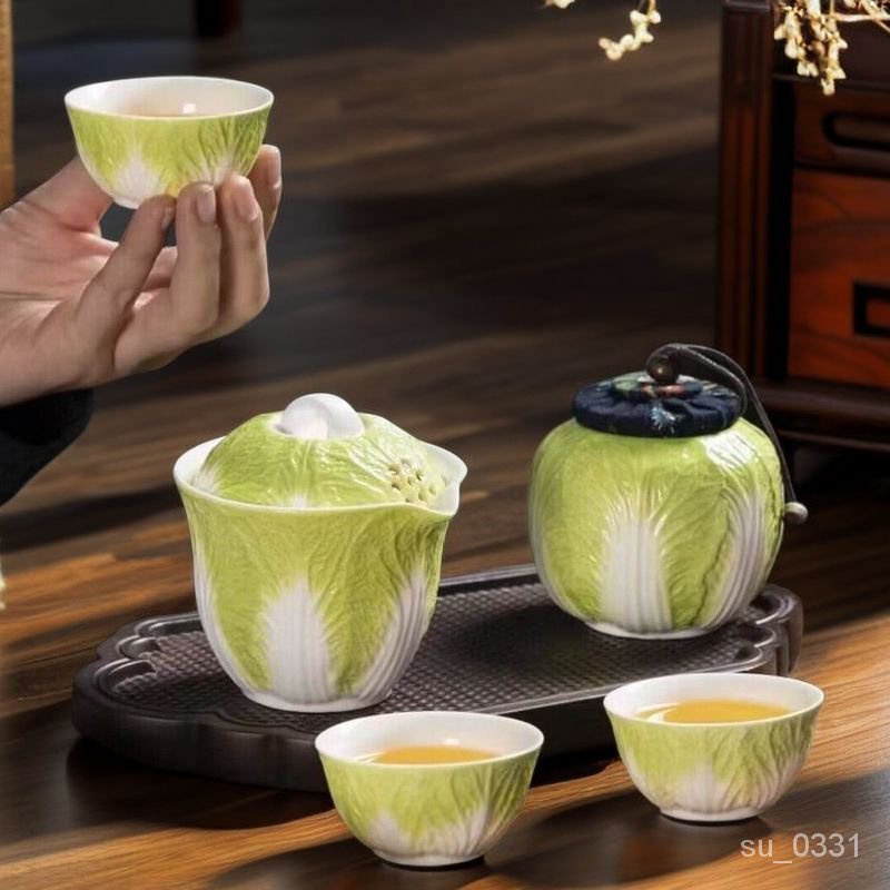 森金猴-【仿生白菜瓷器】陶瓷便攜式茶具大白菜旅行茶具茶壺可愛一壺三杯